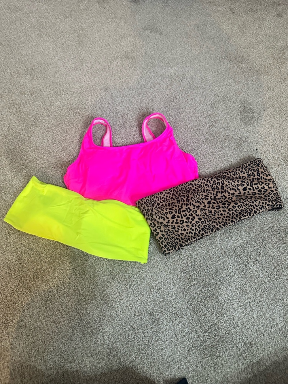 Bikini tops Neon Pink, Neon Yellow & Leopard Bandeau. Trio